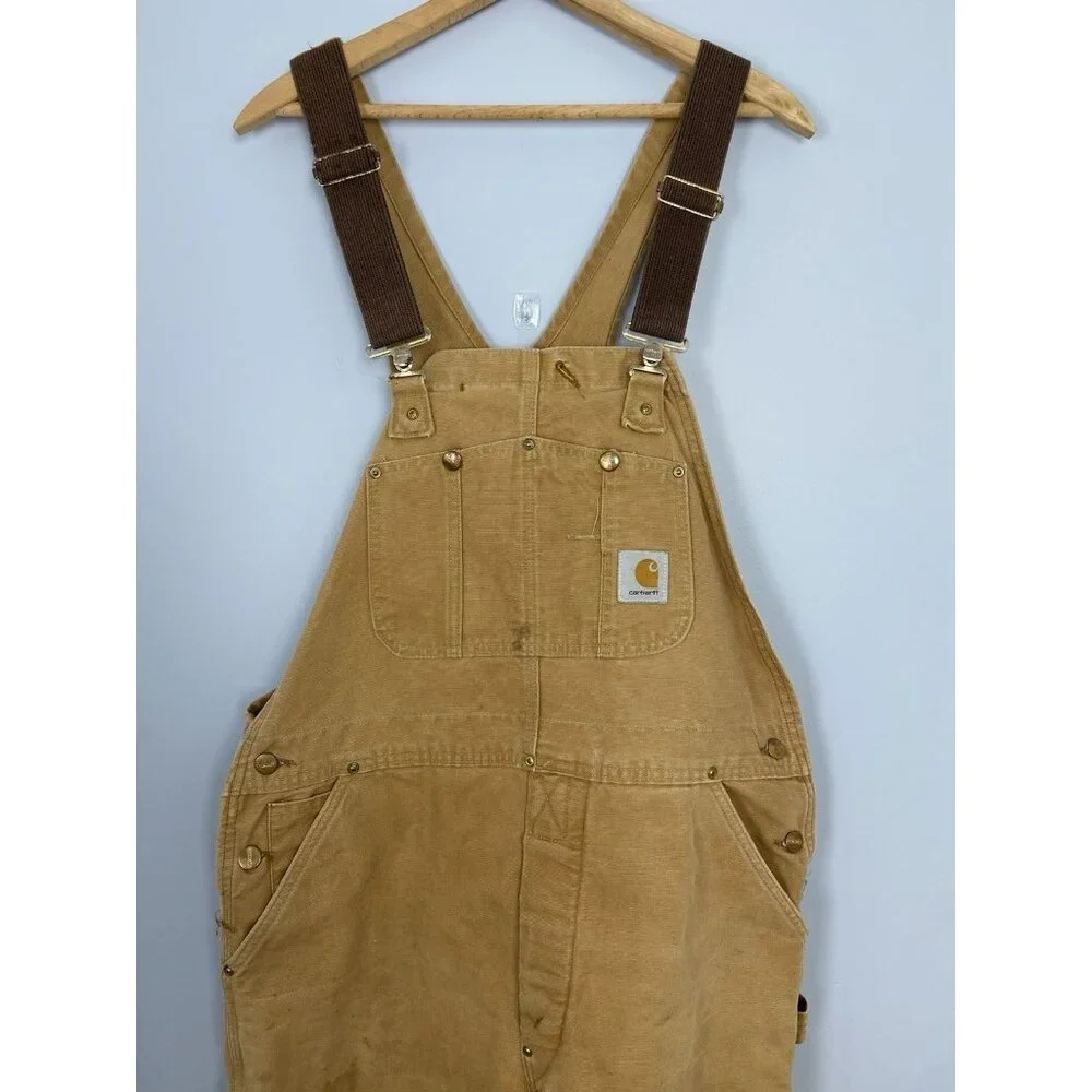 Carhartt Overalls Mens 38x29 Brown Quilted Lined Workwear Double Knee Distressed - Picture 3 of 14